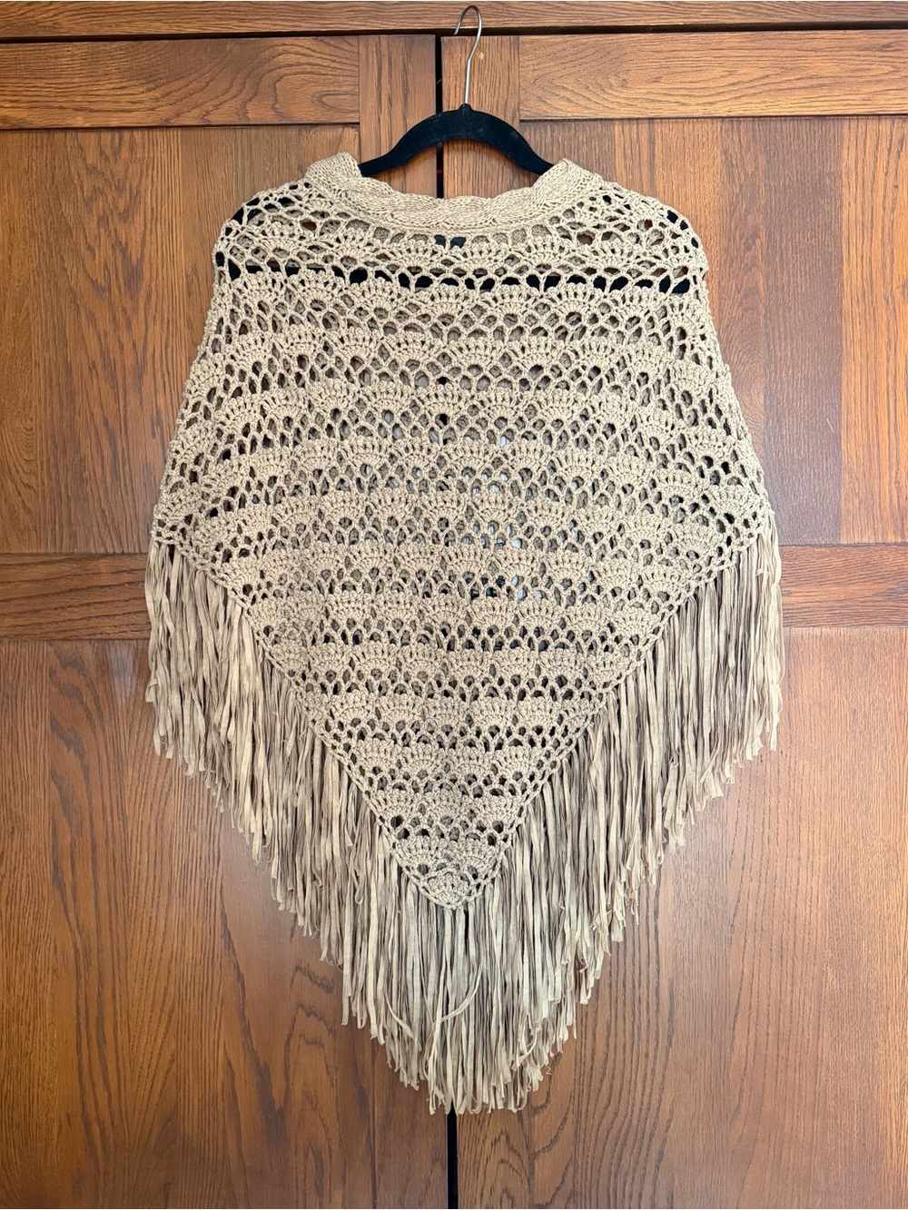 Cejon Tan Crochet Fringe Poncho Boho Western Festival